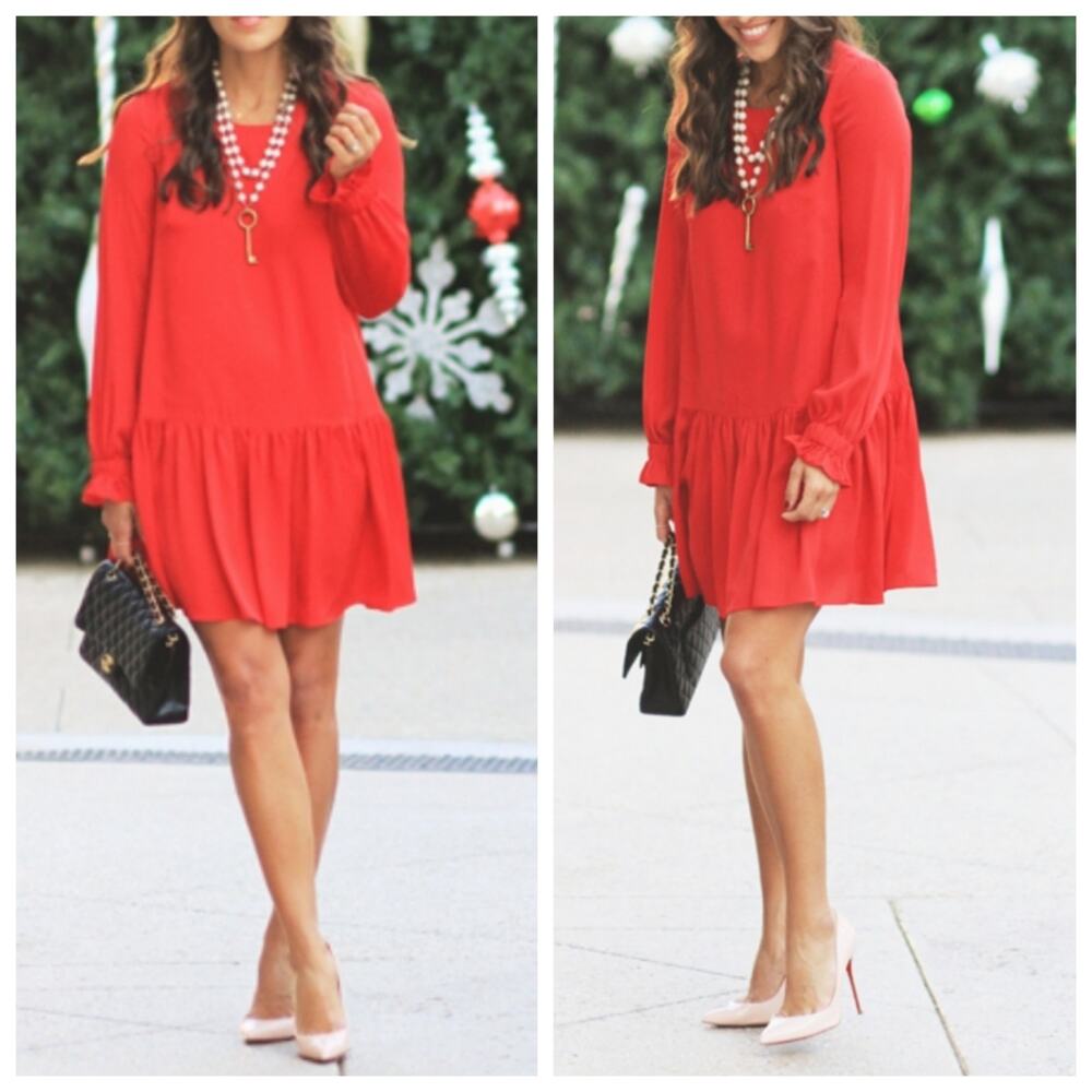 Milly Red Ruffle Silk Blend Dress Long Sleeves